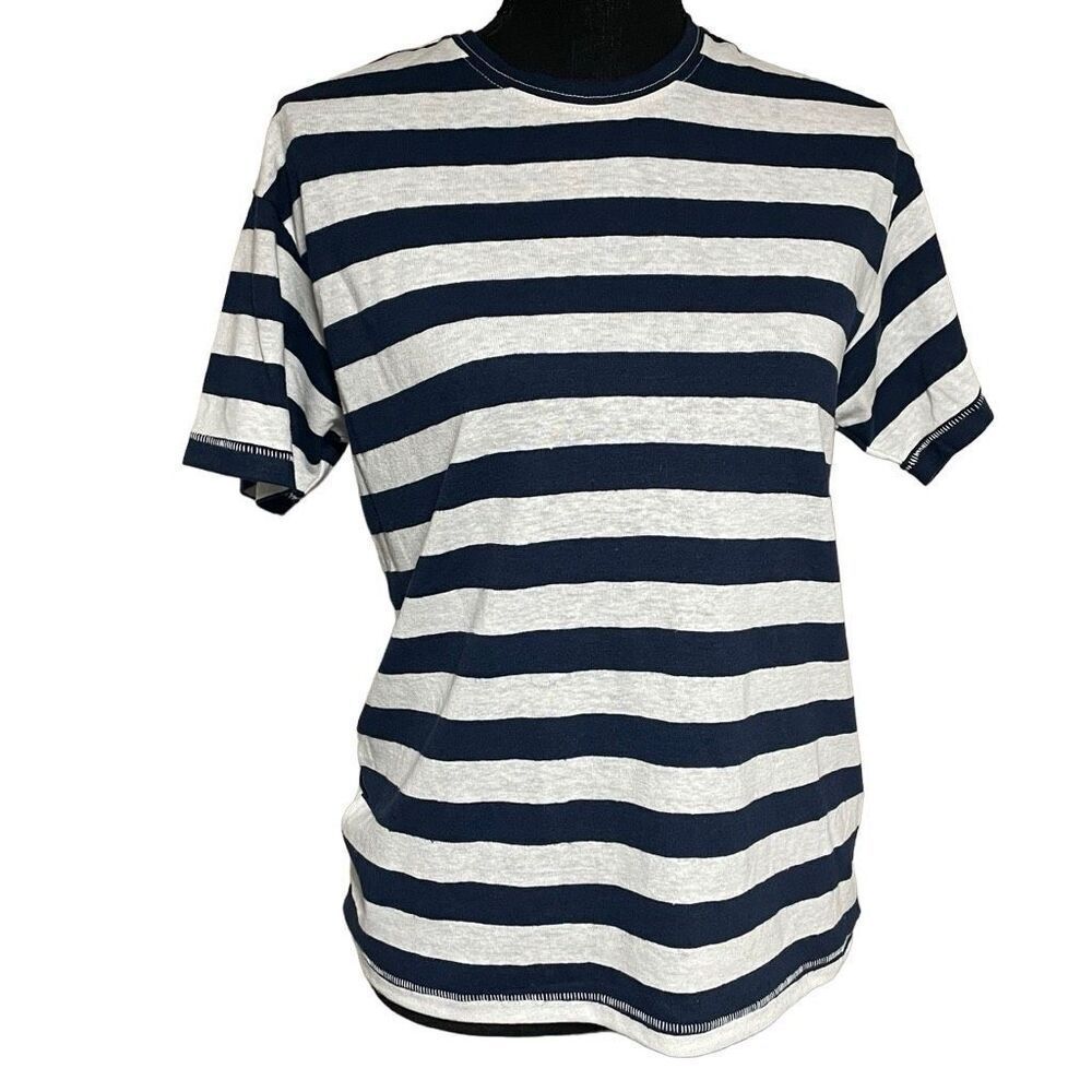 Madewell Navy and White Striped Oversized Linen-Blend Tee N0422